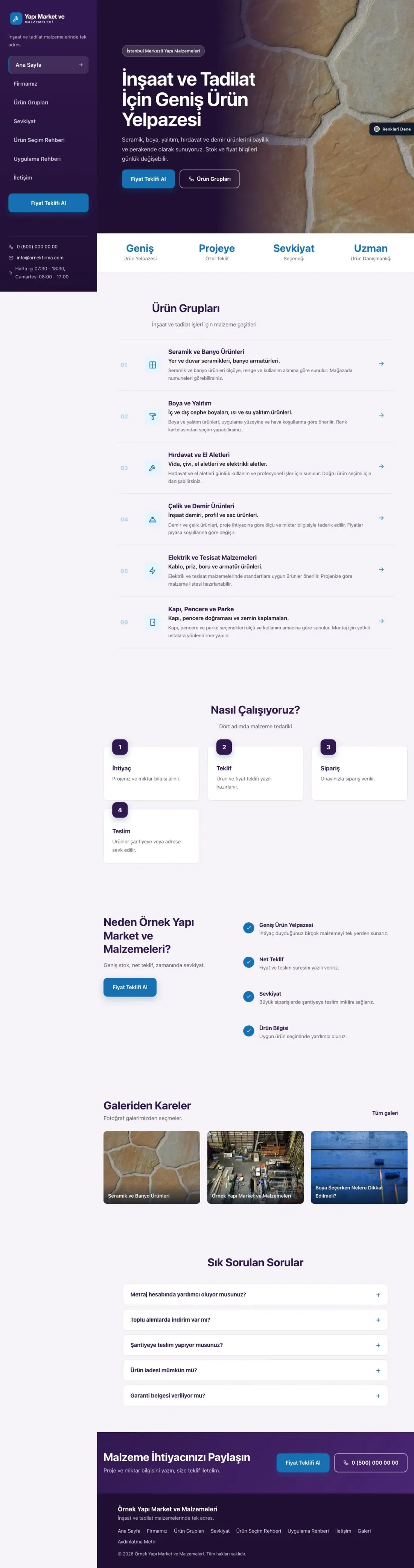 Yapı Malzemeleri için Sol Menü Mor Mavi – Yapı Malzemeleri Web Sitesi ana sayfa görünümü
