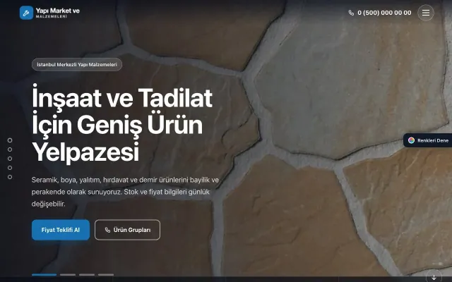 Yapı Malzemeleri için Tam Ekran Zeytin Mavi – Yapı Malzemeleri Web Sitesi ana sayfa görünümü