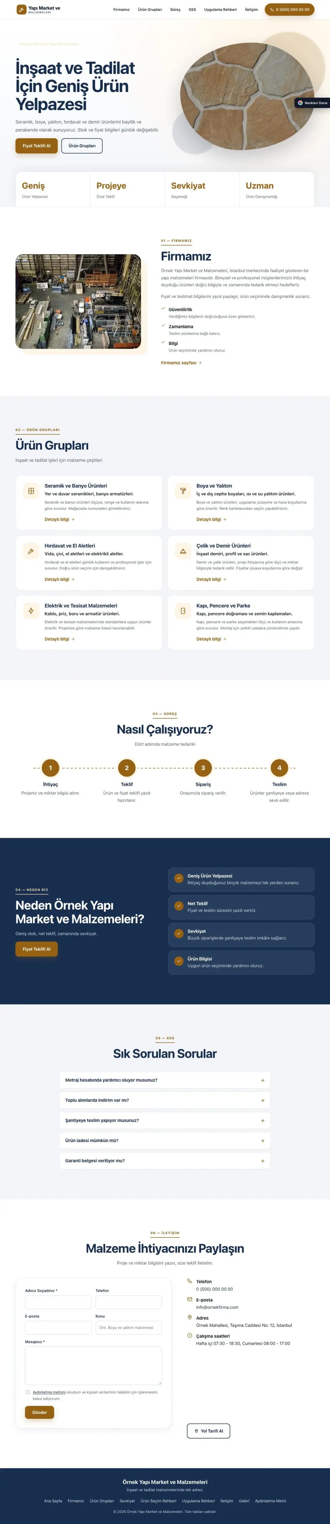 Yapı Malzemeleri için Tek Sayfa Mavi Turuncu – Yapı Malzemeleri Web Sitesi ana sayfa görünümü