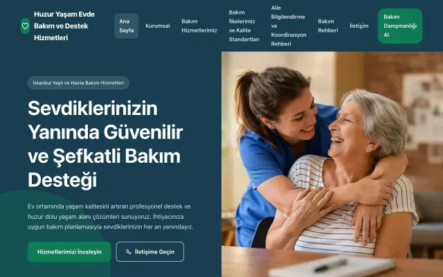 Yaşlı ve Evde Bakım için Blok Mavi Turkuaz – Yaşlı ve Evde Bakım Web Sitesi ana sayfa görünümü