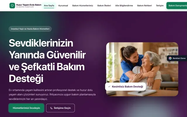 Yaşlı ve Evde Bakım için Hareketli Mor Turkuaz – Yaşlı ve Evde Bakım Web Sitesi ana sayfa görünümü