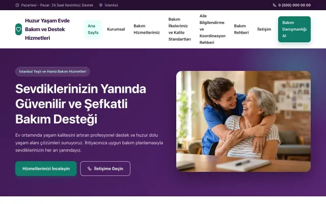 Yaşlı ve Evde Bakım için Klasik Mor Turkuaz – Yaşlı ve Evde Bakım Web Sitesi ana sayfa görünümü