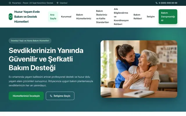 Yaşlı ve Evde Bakım için Klasik Petrol Yeşil – Yaşlı ve Evde Bakım Web Sitesi ana sayfa görünümü