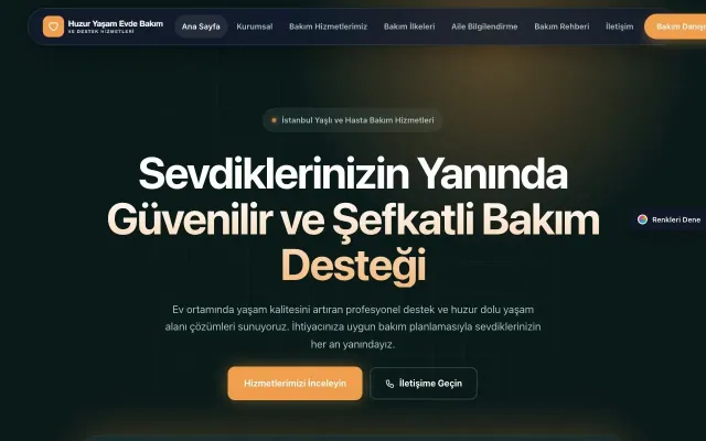 Yaşlı ve Evde Bakım için Koyu Modern Petrol Turuncu – Yaşlı ve Evde Bakım Web Sitesi ana sayfa görünümü