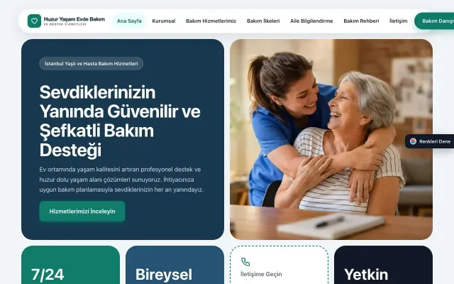 Yaşlı ve Evde Bakım için Mozaik Mavi Turkuaz – Yaşlı ve Evde Bakım Web Sitesi ana sayfa görünümü