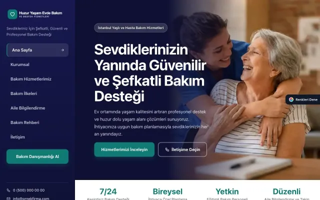 Yaşlı ve Evde Bakım için Sol Menü Lacivert Turkuaz – Yaşlı ve Evde Bakım Web Sitesi ana sayfa görünümü
