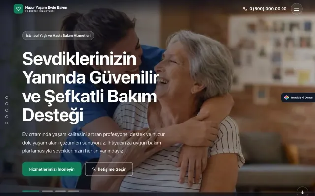 Yaşlı ve Evde Bakım için Tam Ekran Mavi Turkuaz – Yaşlı ve Evde Bakım Web Sitesi ana sayfa görünümü