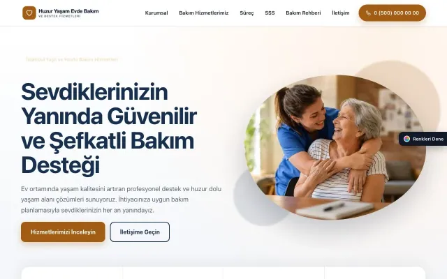 Yaşlı ve Evde Bakım için Tek Sayfa Mavi Turuncu – Yaşlı ve Evde Bakım Web Sitesi ana sayfa görünümü