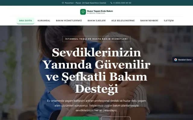 Yaşlı ve Evde Bakım için Zigzag Petrol Yeşil – Yaşlı ve Evde Bakım Web Sitesi ana sayfa görünümü