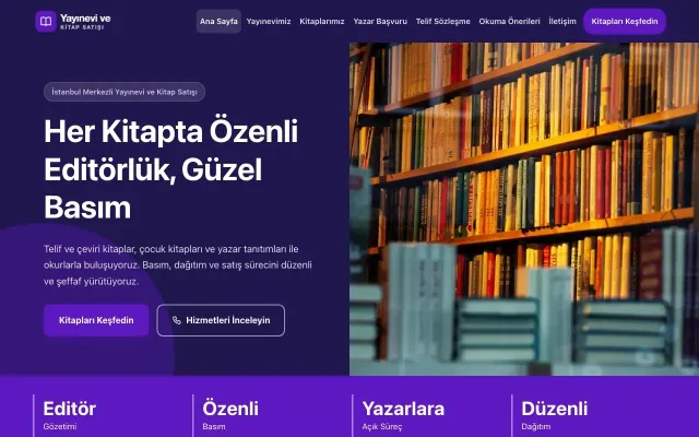 Yayınevi ve Kitap Satışı için Blok Lacivert Mor – Yayınevi ve Kitap Satışı Web Sitesi ana sayfa görünümü