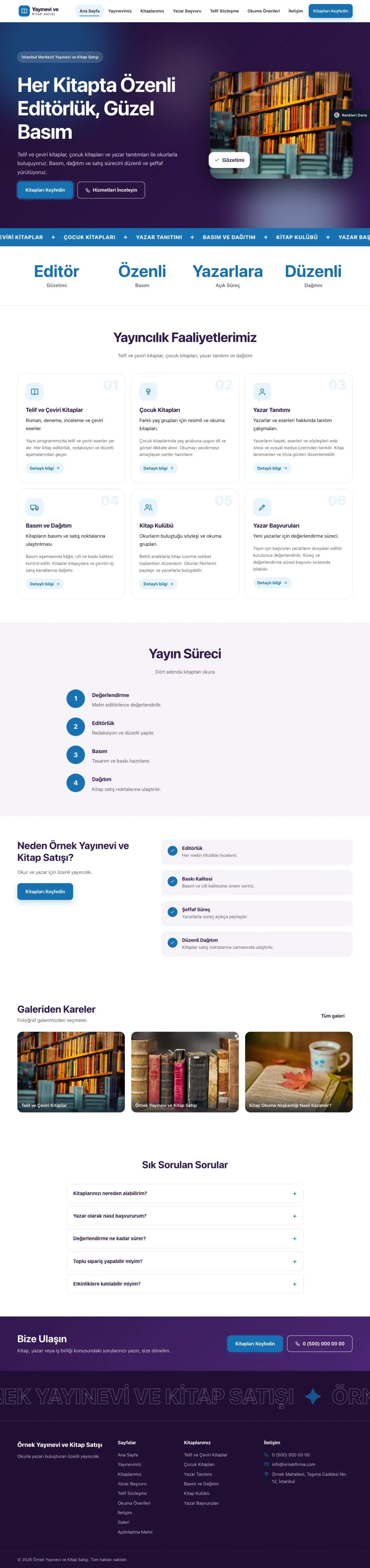 Yayınevi ve Kitap Satışı için Hareketli Mor Mavi – Yayınevi ve Kitap Satışı Web Sitesi ana sayfa görünümü