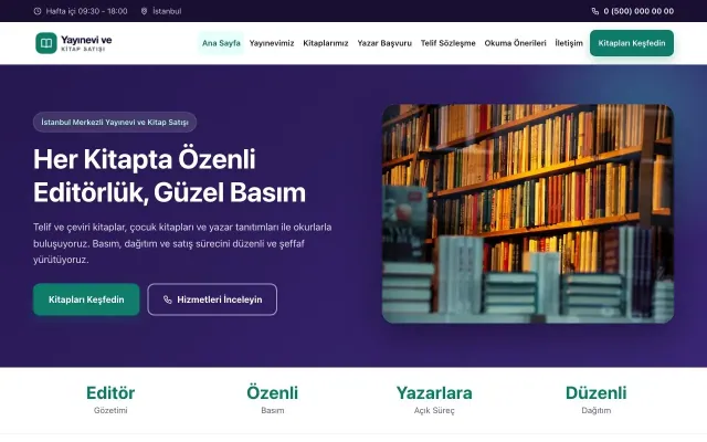 Yayınevi ve Kitap Satışı için Klasik Mor Turkuaz – Yayınevi ve Kitap Satışı Web Sitesi ana sayfa görünümü