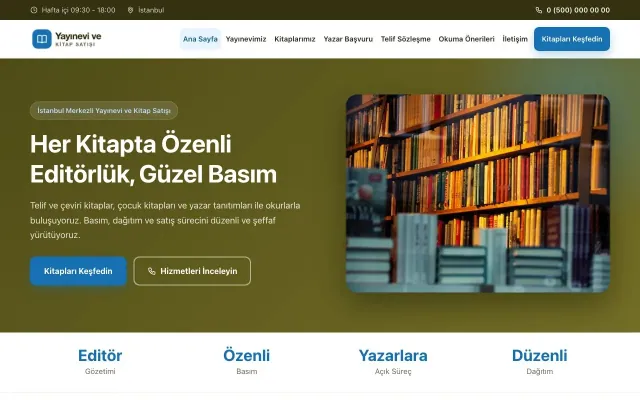 Yayınevi ve Kitap Satışı için Klasik Zeytin Mavi – Yayınevi ve Kitap Satışı Web Sitesi ana sayfa görünümü