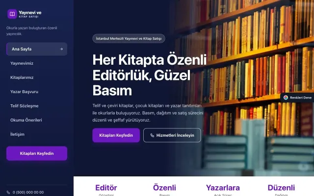 Yayınevi ve Kitap Satışı için Sol Menü Lacivert Mor – Yayınevi ve Kitap Satışı Web Sitesi ana sayfa görünümü