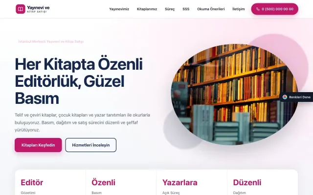 Yayınevi ve Kitap Satışı için Tek Sayfa Mavi Pembe – Yayınevi ve Kitap Satışı Web Sitesi ana sayfa görünümü