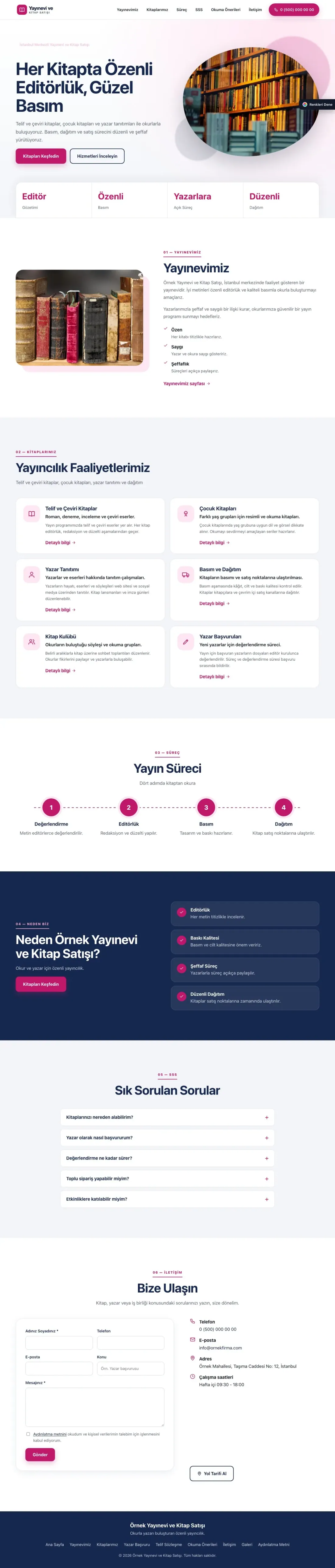 Yayınevi ve Kitap Satışı için Tek Sayfa Mavi Pembe – Yayınevi ve Kitap Satışı Web Sitesi ana sayfa görünümü