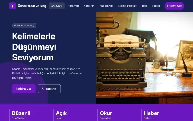 Yazar ve Blog için Blok Lacivert Mor – Yazar ve Blog Web Sitesi ana sayfa görünümü