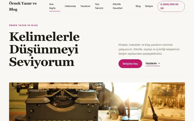 Yazar ve Blog için Editoryal Kahve Pembe – Yazar ve Blog Web Sitesi ana sayfa görünümü