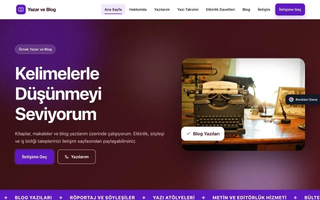 Yazar ve Blog için Hareketli Bordo Mor – Yazar ve Blog Web Sitesi ana sayfa görünümü