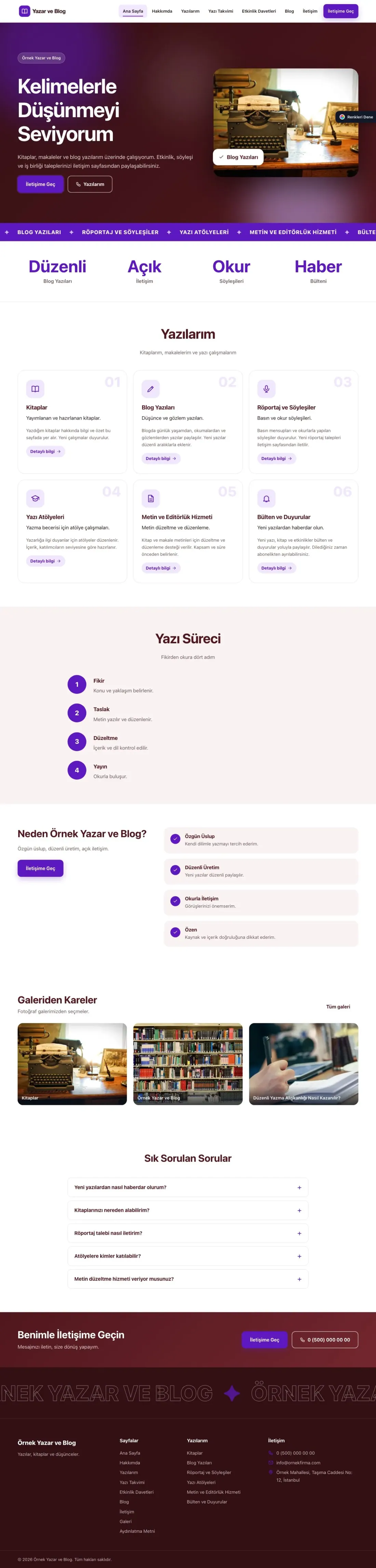 Yazar ve Blog için Hareketli Bordo Mor – Yazar ve Blog Web Sitesi ana sayfa görünümü