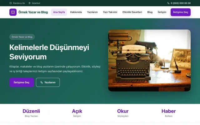 Yazar ve Blog için Klasik Petrol Mor – Yazar ve Blog Web Sitesi ana sayfa görünümü