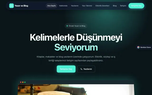 Yazar ve Blog için Koyu Modern Mavi Turkuaz – Yazar ve Blog Web Sitesi ana sayfa görünümü