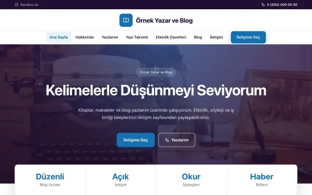 Yazar ve Blog için Merkez Mor Mavi – Yazar ve Blog Web Sitesi ana sayfa görünümü