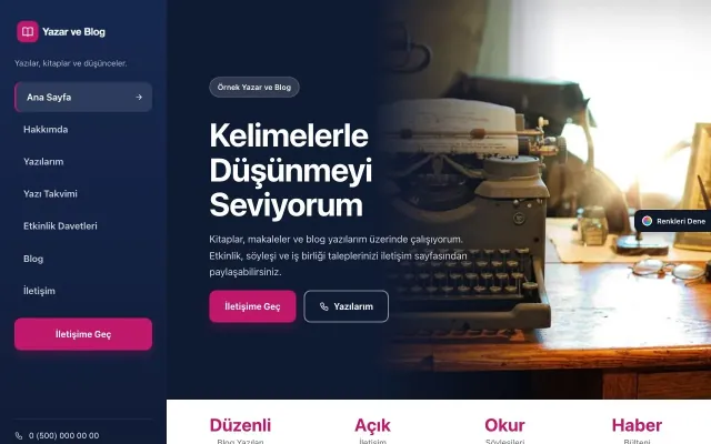 Yazar ve Blog için Sol Menü Mavi Pembe – Yazar ve Blog Web Sitesi ana sayfa görünümü