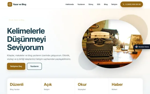 Yazar ve Blog için Tek Sayfa Mavi Turuncu – Yazar ve Blog Web Sitesi ana sayfa görünümü
