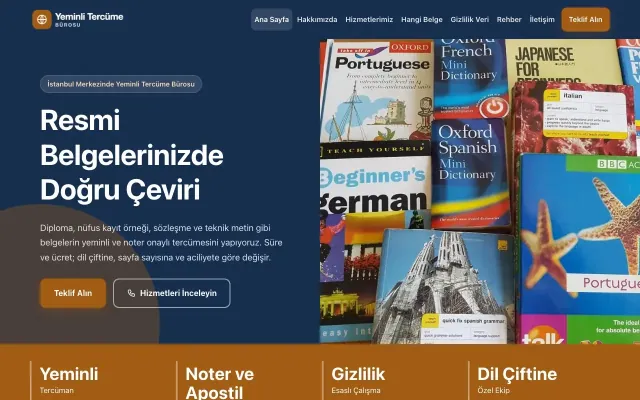 Yeminli Tercüme Bürosu için Blok Mavi Turuncu – Yeminli Tercüme Bürosu Web Sitesi ana sayfa görünümü