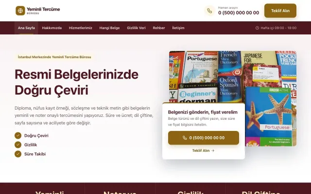 Yeminli Tercüme Bürosu için Bölünmüş Bordo Amber – Yeminli Tercüme Bürosu Web Sitesi ana sayfa görünümü