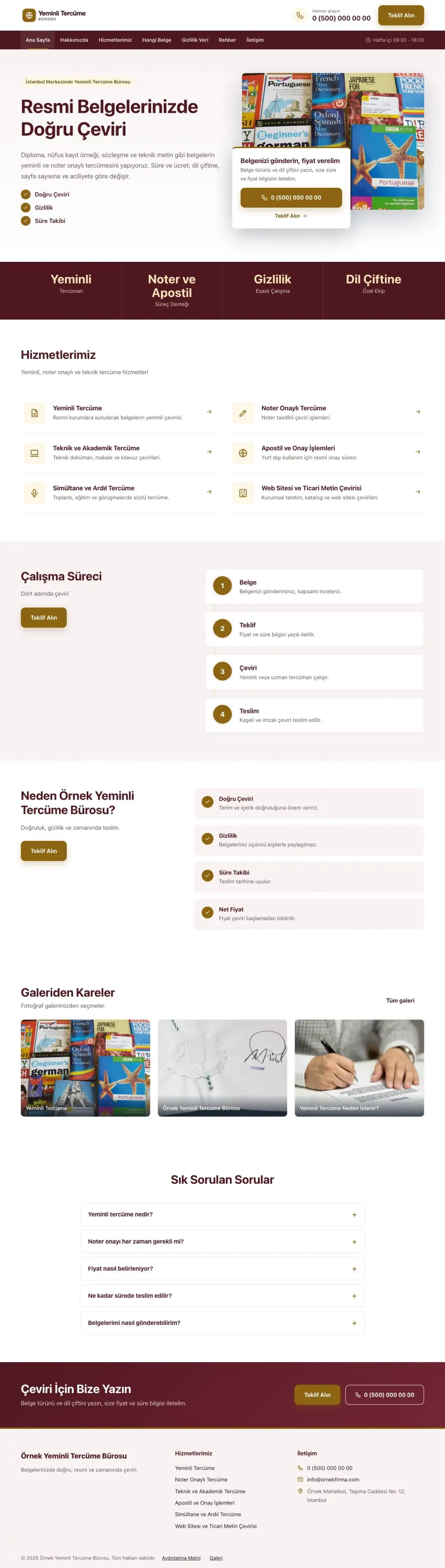 Yeminli Tercüme Bürosu için Bölünmüş Bordo Amber – Yeminli Tercüme Bürosu Web Sitesi ana sayfa görünümü