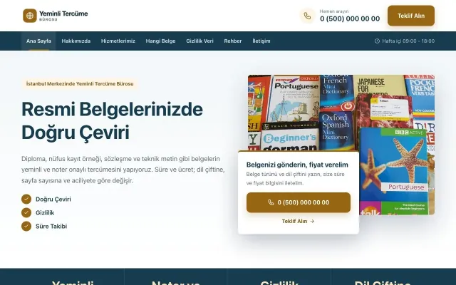 Yeminli Tercüme Bürosu için Bölünmüş Mavi Turuncu – Yeminli Tercüme Bürosu Web Sitesi ana sayfa görünümü