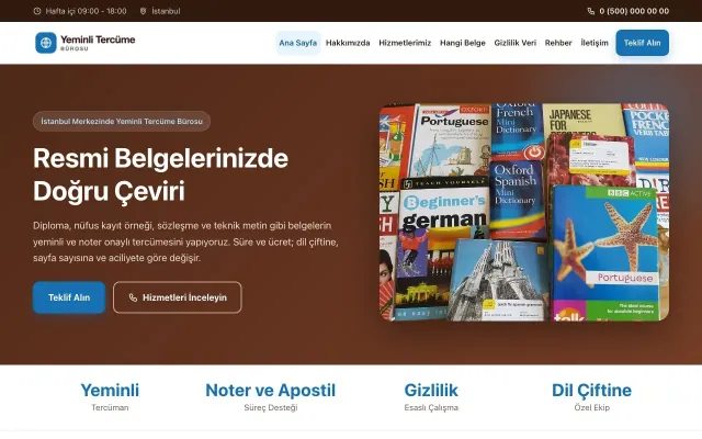 Yeminli Tercüme Bürosu için Klasik Kahve Mavi – Yeminli Tercüme Bürosu Web Sitesi ana sayfa görünümü