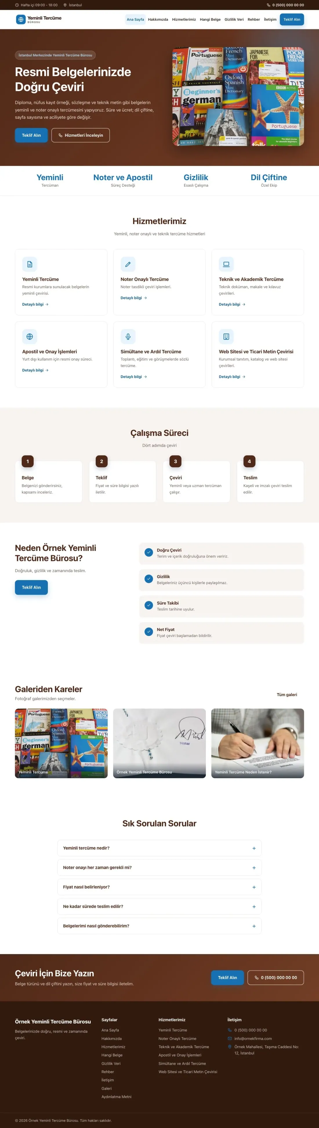 Yeminli Tercüme Bürosu için Klasik Kahve Mavi – Yeminli Tercüme Bürosu Web Sitesi ana sayfa görünümü
