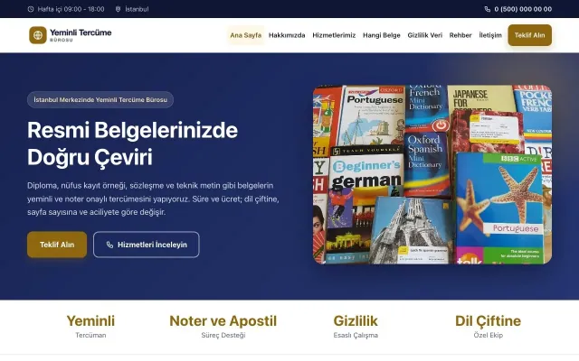 Yeminli Tercüme Bürosu için Klasik Lacivert Amber – Yeminli Tercüme Bürosu Web Sitesi ana sayfa görünümü