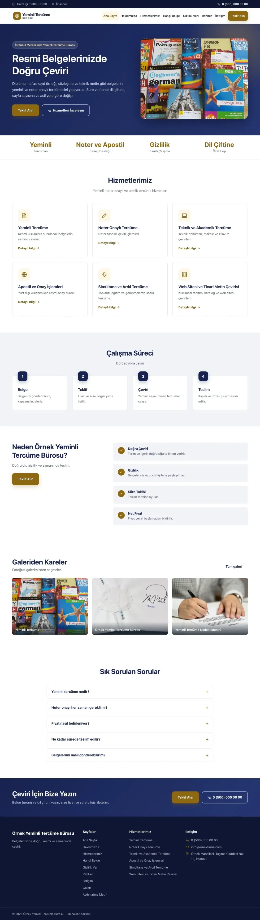 Yeminli Tercüme Bürosu için Klasik Lacivert Amber – Yeminli Tercüme Bürosu Web Sitesi ana sayfa görünümü