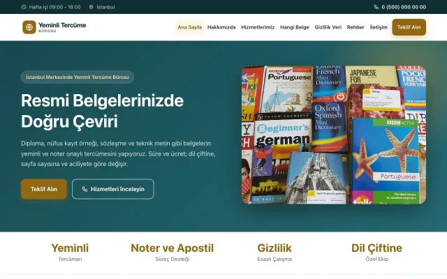 Yeminli Tercüme Bürosu için Klasik Petrol Amber – Yeminli Tercüme Bürosu Web Sitesi ana sayfa görünümü