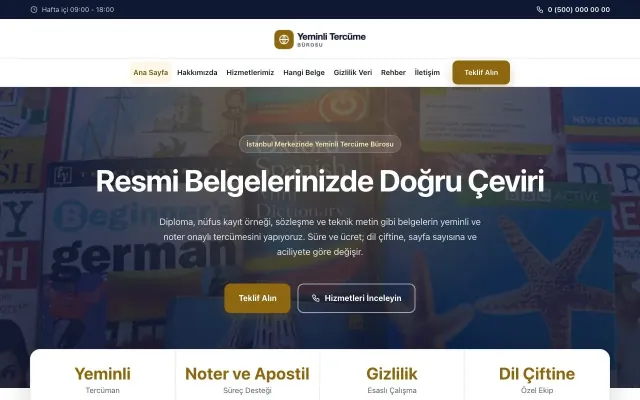 Yeminli Tercüme Bürosu için Merkez Lacivert Amber – Yeminli Tercüme Bürosu Web Sitesi ana sayfa görünümü