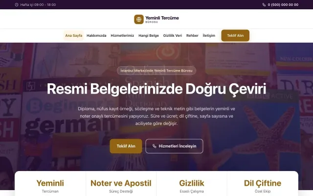Yeminli Tercüme Bürosu için Merkez Mor Turuncu – Yeminli Tercüme Bürosu Web Sitesi ana sayfa görünümü