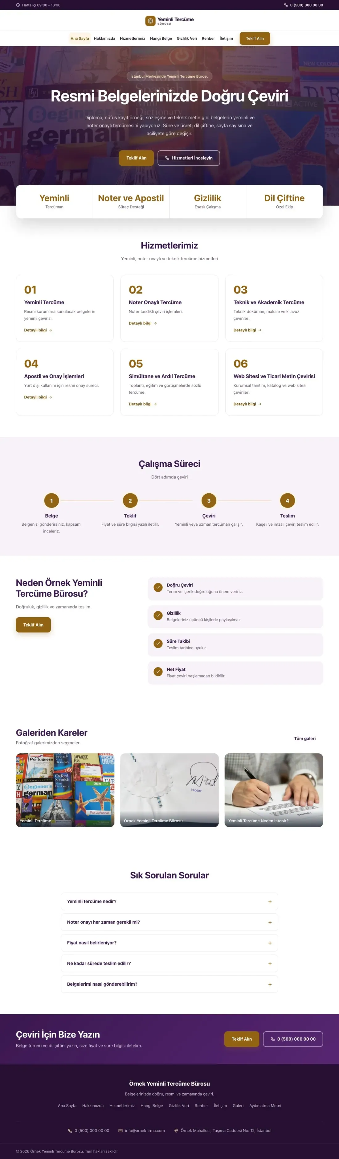 Yeminli Tercüme Bürosu için Merkez Mor Turuncu – Yeminli Tercüme Bürosu Web Sitesi ana sayfa görünümü