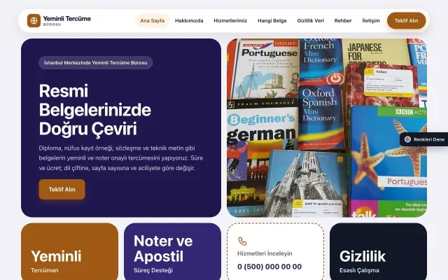 Yeminli Tercüme Bürosu için Mozaik Lacivert Turuncu – Yeminli Tercüme Bürosu Web Sitesi ana sayfa görünümü