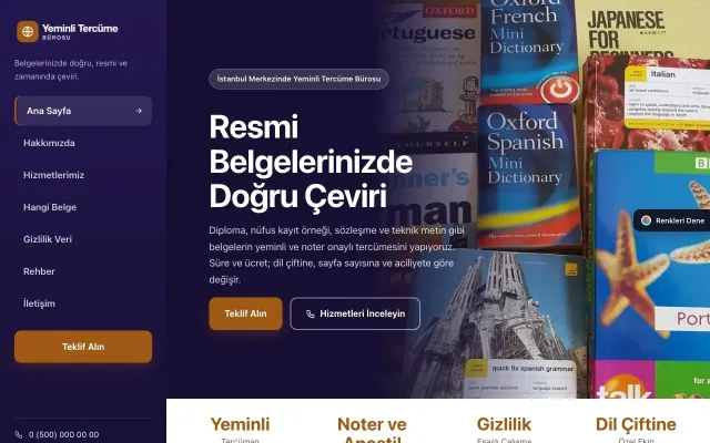 Yeminli Tercüme Bürosu için Sol Menü Lacivert Turuncu – Yeminli Tercüme Bürosu Web Sitesi ana sayfa görünümü