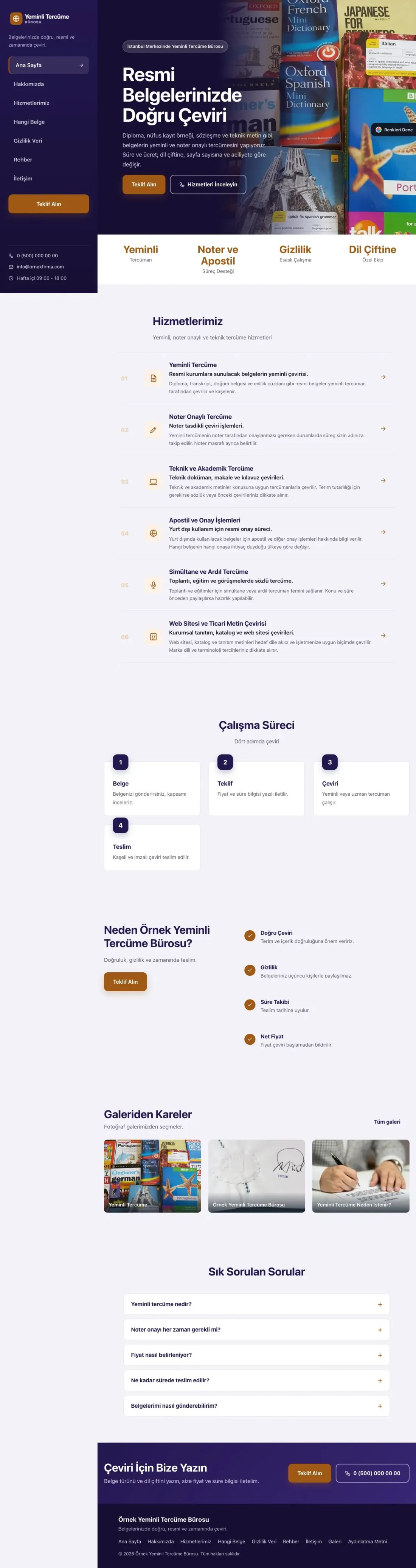 Yeminli Tercüme Bürosu için Sol Menü Lacivert Turuncu – Yeminli Tercüme Bürosu Web Sitesi ana sayfa görünümü