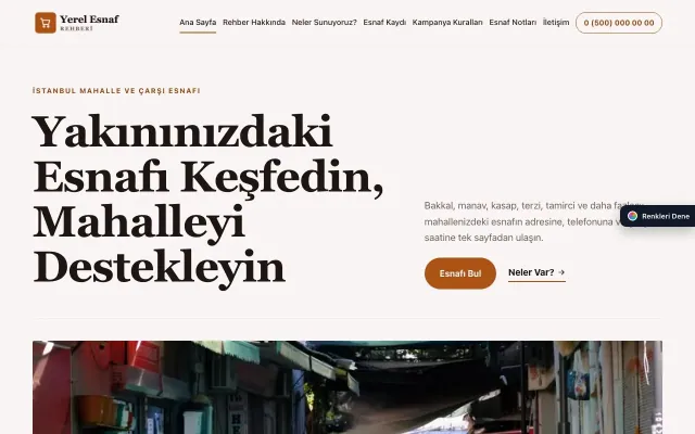 Yerel Esnaf Rehberi için Dergi Editoryal Bordo Turuncu – Yerel Esnaf Rehberi Web Sitesi ana sayfa görünümü