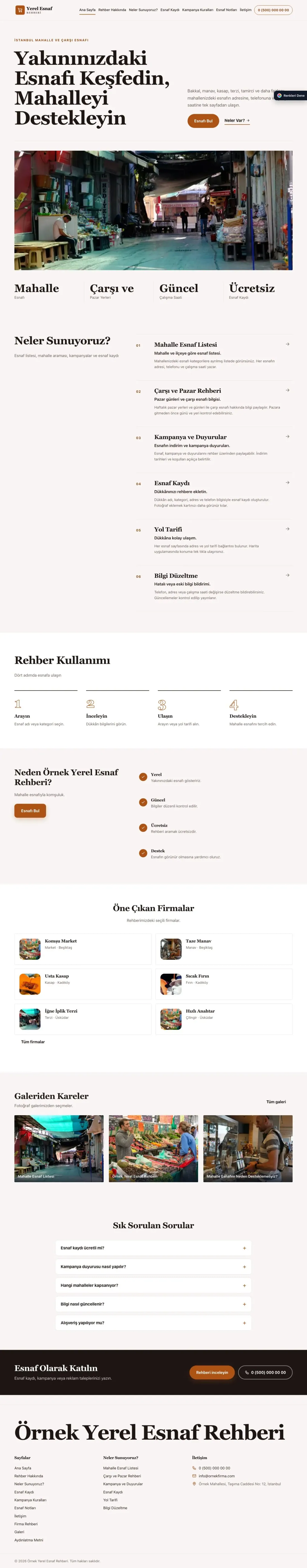 Yerel Esnaf Rehberi için Dergi Editoryal Bordo Turuncu – Yerel Esnaf Rehberi Web Sitesi ana sayfa görünümü