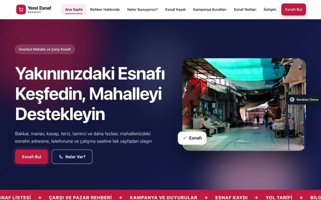 Yerel Esnaf Rehberi için Hareketli Lacivert Kırmızı – Yerel Esnaf Rehberi Web Sitesi ana sayfa görünümü