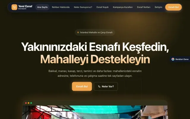 Yerel Esnaf Rehberi için Koyu Modern Zeytin Turuncu – Yerel Esnaf Rehberi Web Sitesi ana sayfa görünümü
