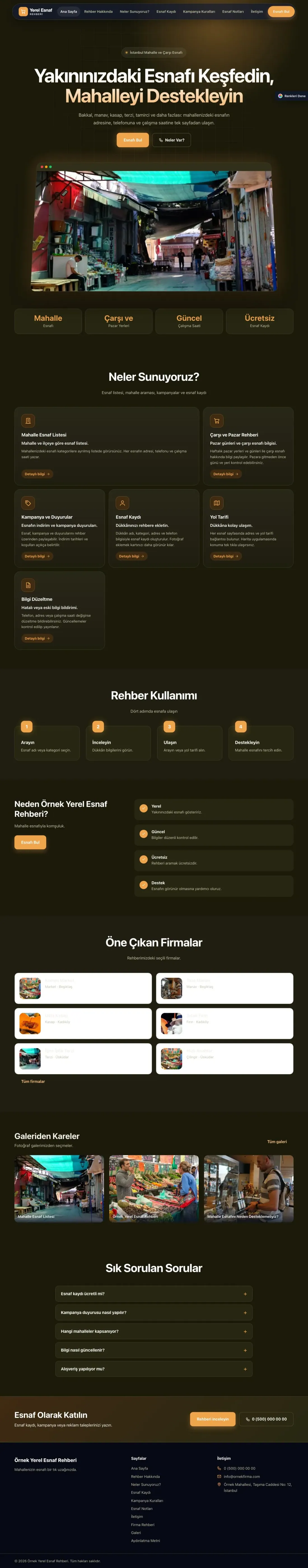 Yerel Esnaf Rehberi için Koyu Modern Zeytin Turuncu – Yerel Esnaf Rehberi Web Sitesi ana sayfa görünümü