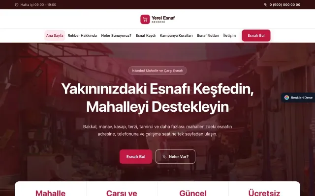 Yerel Esnaf Rehberi için Merkez Bordo Kırmızı – Yerel Esnaf Rehberi Web Sitesi ana sayfa görünümü